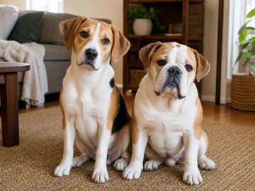 Two Beabull littermates sitting together, one with a longer hound muzzle and one with a short wrinkled face