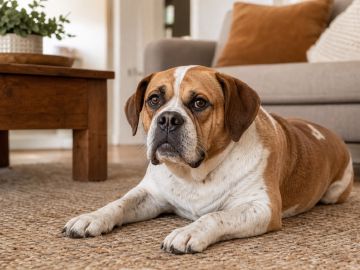 Adult Beabull with a slightly shortened muzzle resting on a living room rug