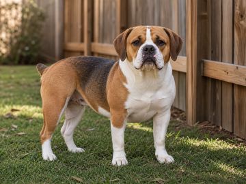 A broad-chested Beagle Bulldog mix standing in a yard next to a garden fence for scale